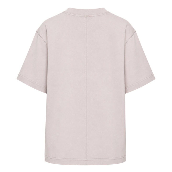 Sofie D'Hoore short sleeve boxy tee in dusty rose with ribbed crew neck and topstitched hem, displayed flat on white background
