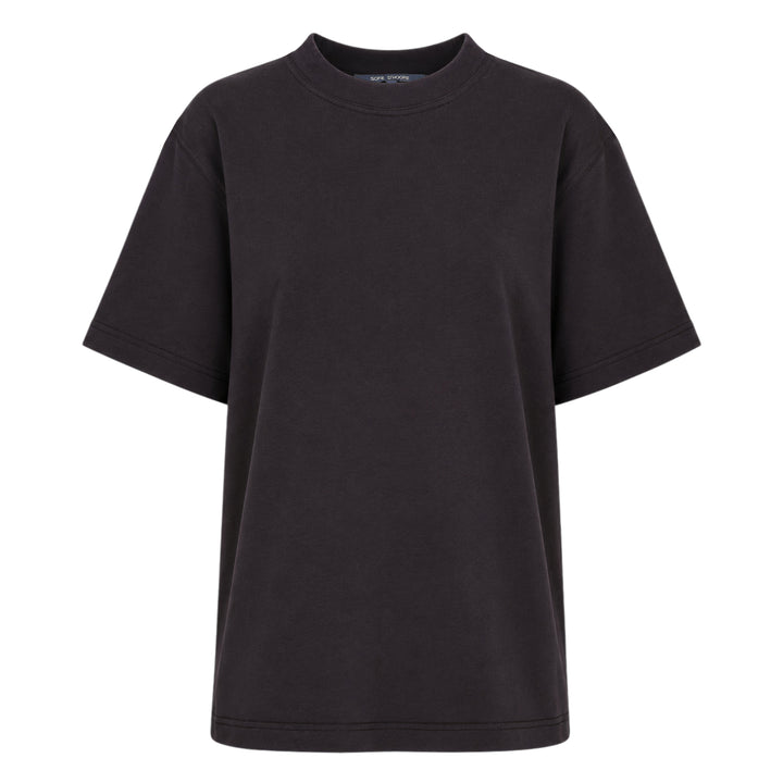 Sofie D'Hoore short sleeve boxy tee in dusty rose with ribbed crew neck and topstitched hem, displayed flat on white background