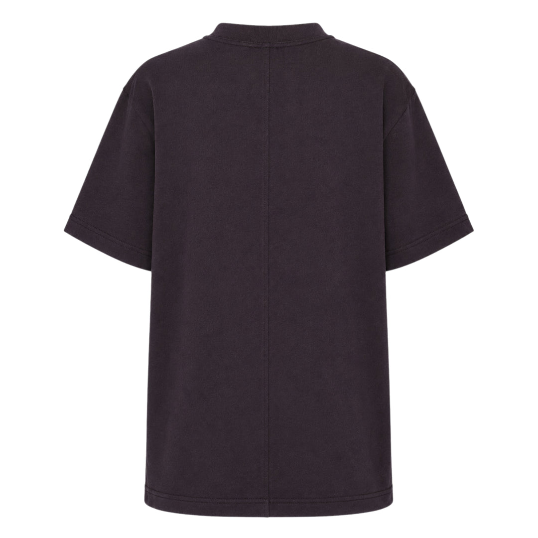 Sofie D'Hoore short sleeve boxy tee in dusty rose with ribbed crew neck and topstitched hem, displayed flat on white background