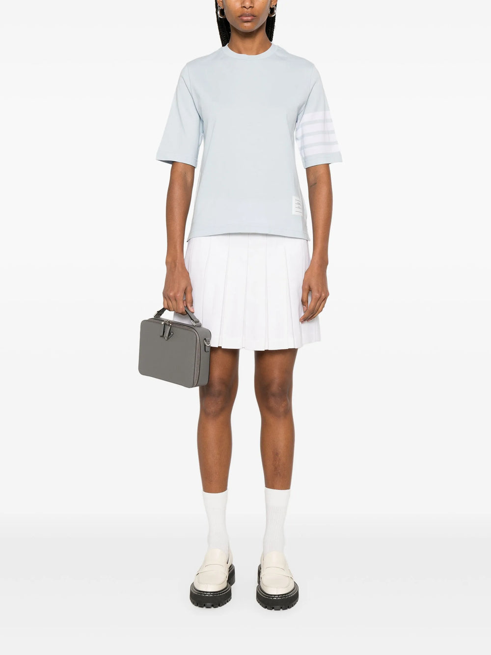 Thom Browne green cotton jersey oversized short sleeve tee with four white bar stripes on the sleeve and tricolour grosgrain trim