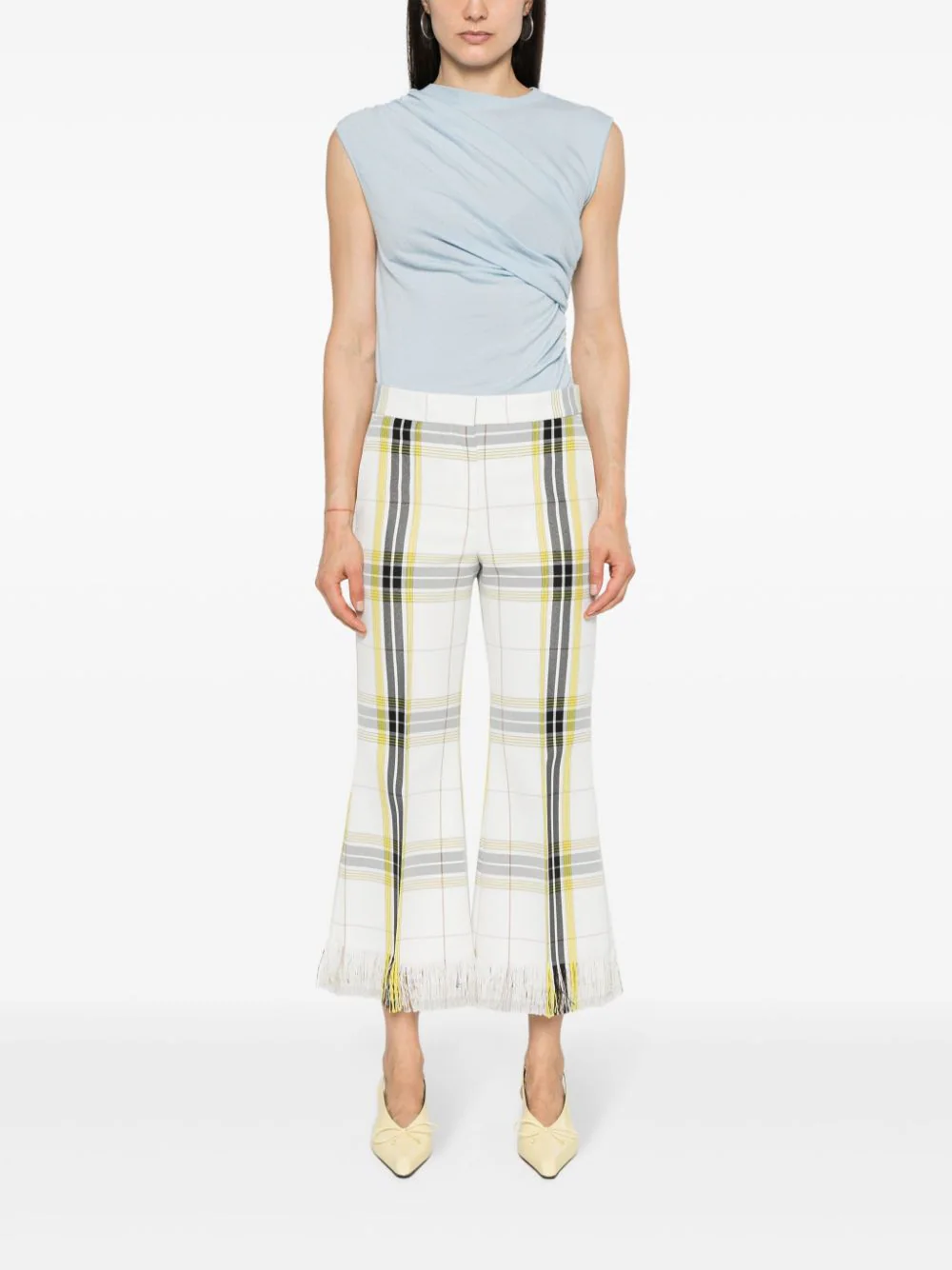 White Yellow Checkered Cropped Pants