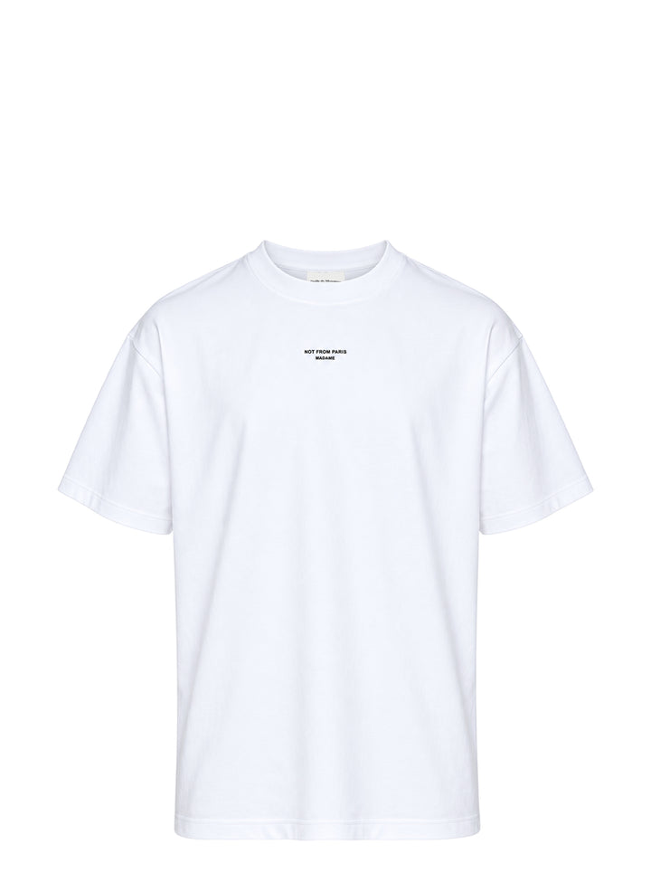 Drôle de Monsieur Classic Slogan Tee in white with 'Not From Paris, Madame' chest print, relaxed oversized fit with crew neck and short sleeves