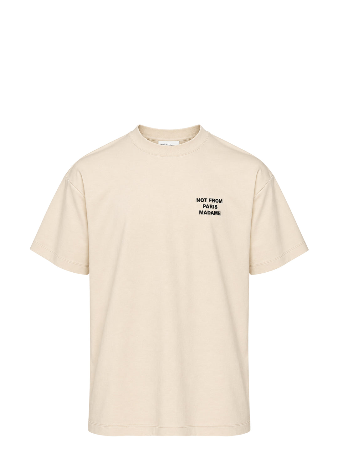 Drôle de Monsieur Not From Paris Madame slogan tee in cream with bold black chest text print, boxy fit, crew neck