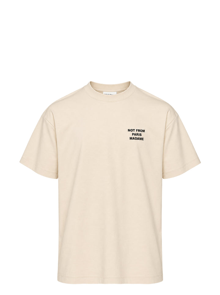 Drôle de Monsieur Not From Paris Madame slogan tee in cream with bold black chest text print, boxy fit, crew neck