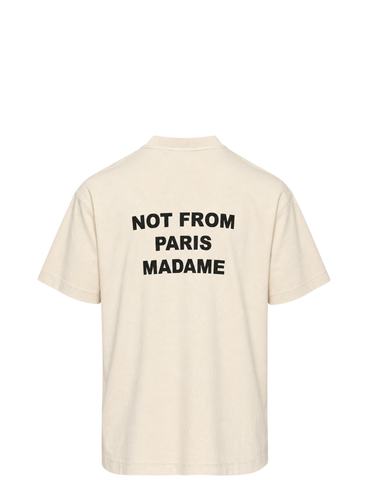 Drôle de Monsieur Not From Paris Madame slogan tee in cream with bold black chest text print, boxy fit, crew neck - view 2