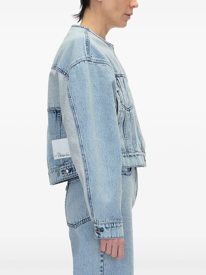 Collarless Cropped Denim Jacket