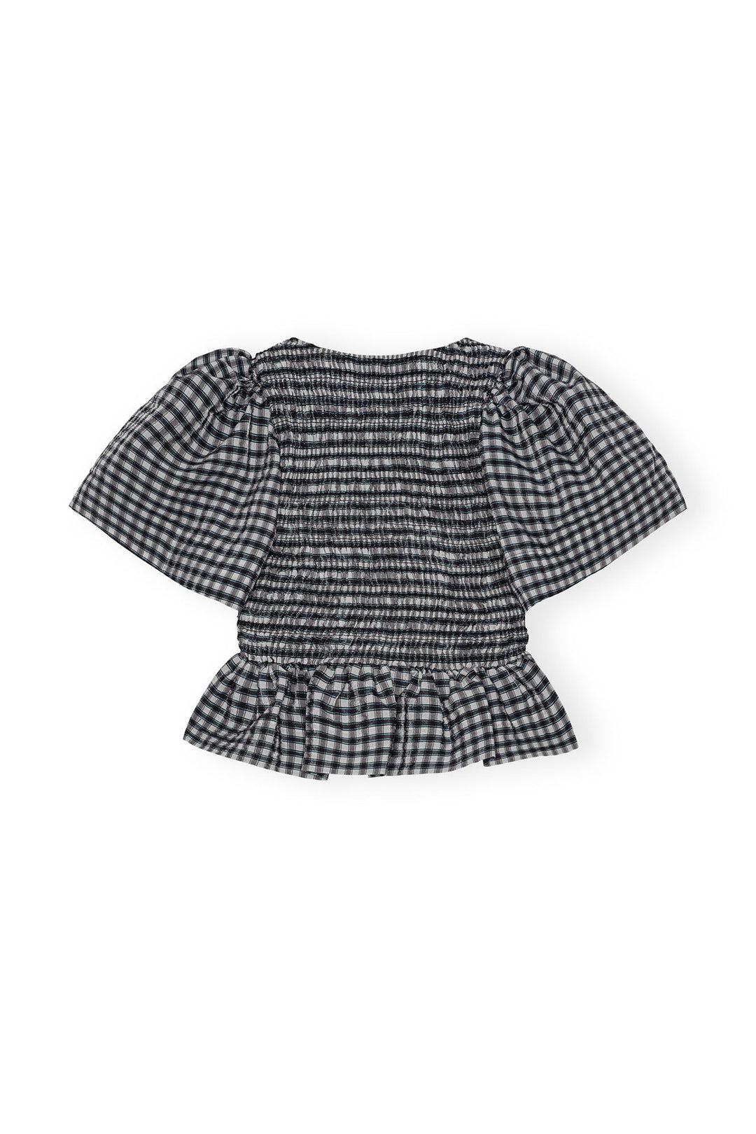 Seersucker Check Open-Neck Smocked Top