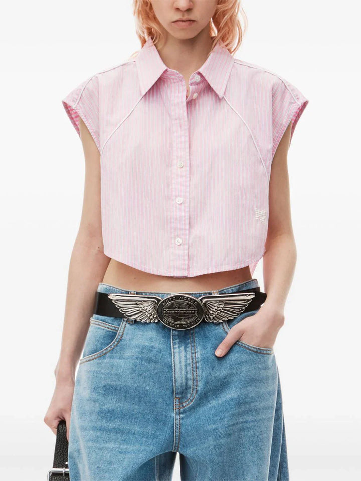 Cropped Sleeveless Button Down Top