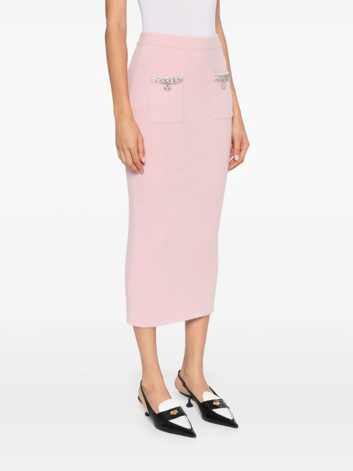Pink Embellished Knit Midi Skirt