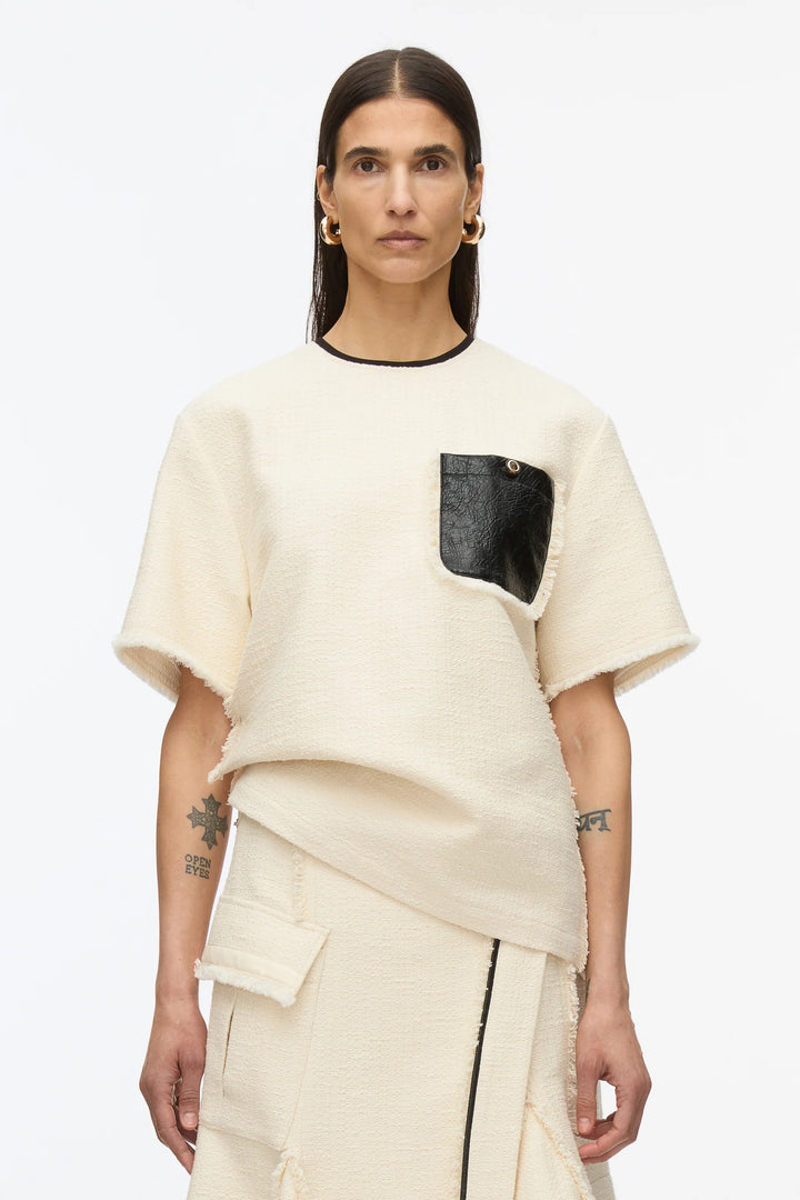 Tweed Boxy Tee With Faux Leather