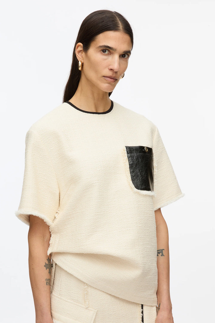 Tweed Boxy Tee With Faux Leather