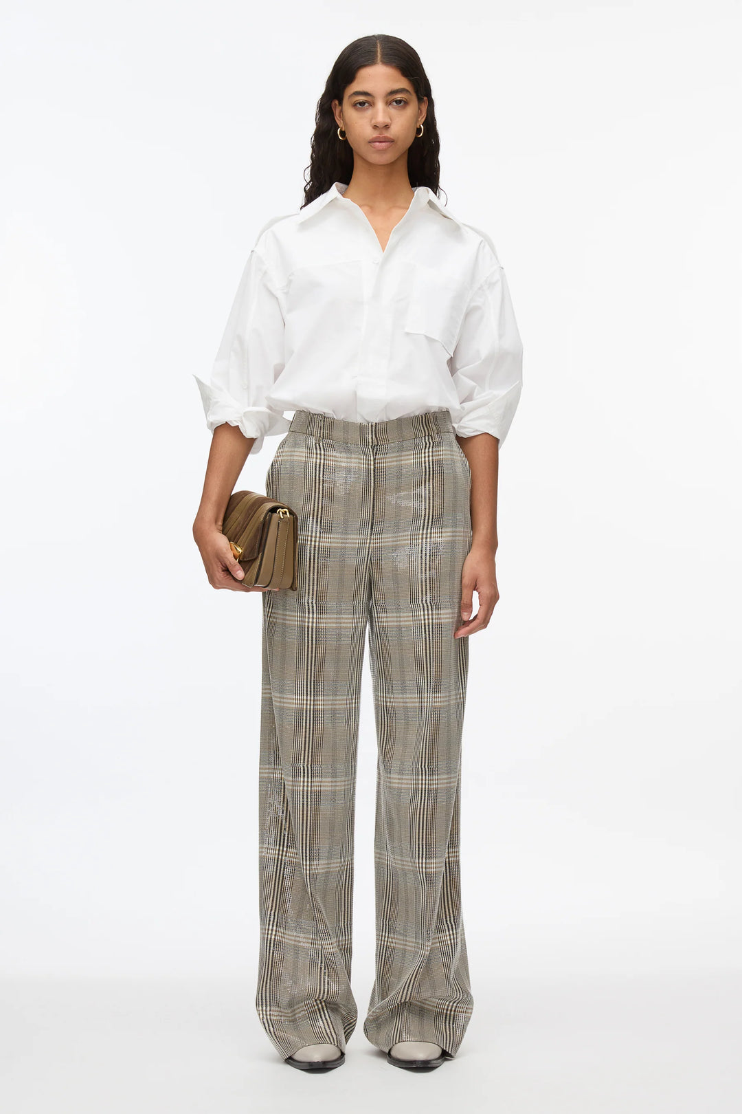 Sequin Plaid Flat Front Wide Leg Pants