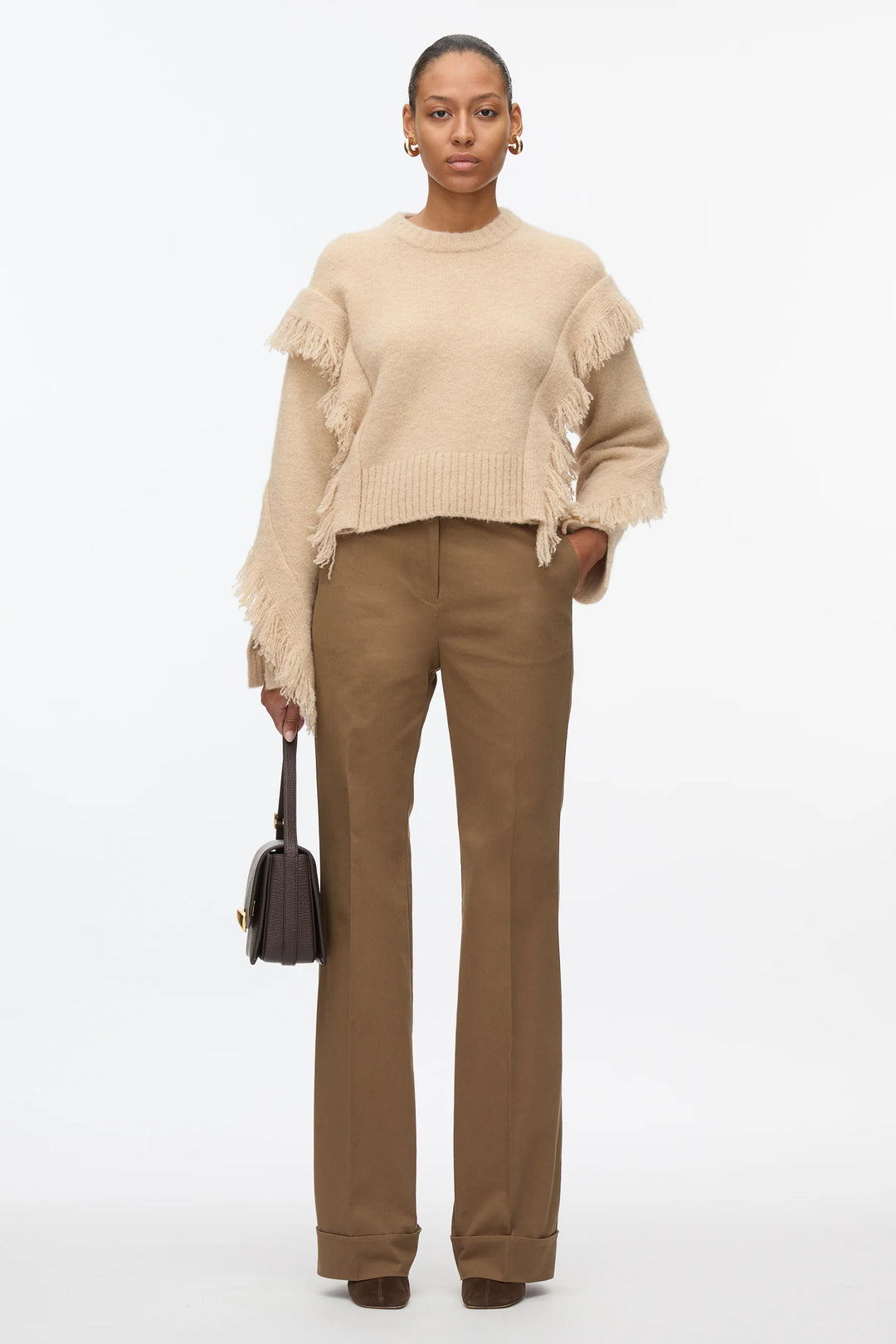 Long Sleeve Crewneck Sweater With Fringe Trim