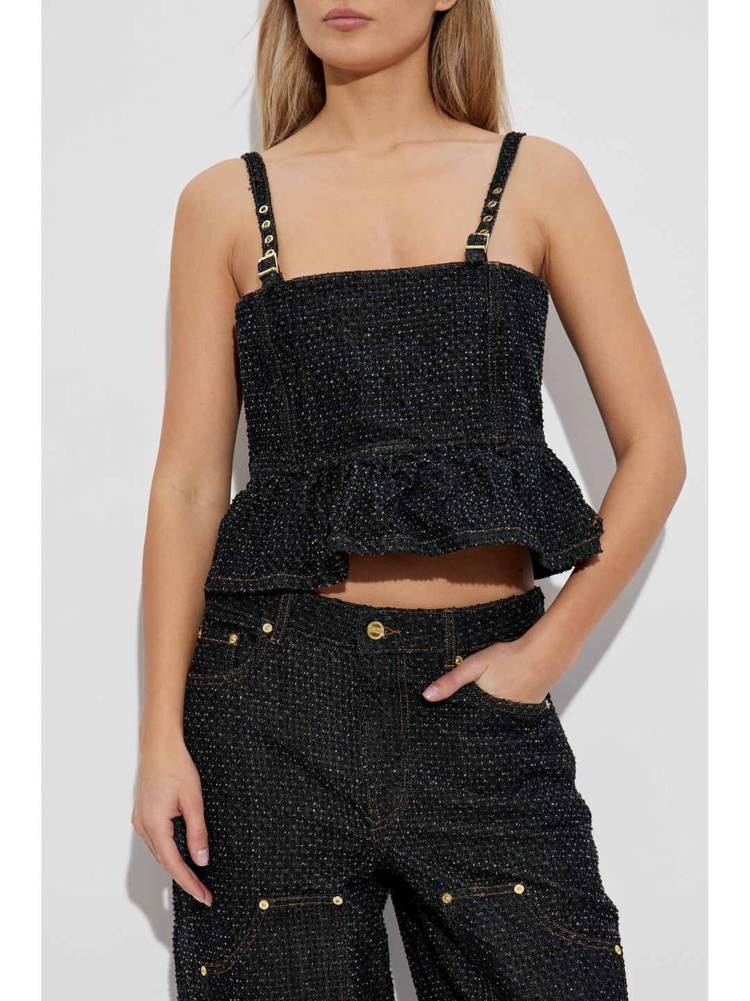 Fluffy Denim Strap Top