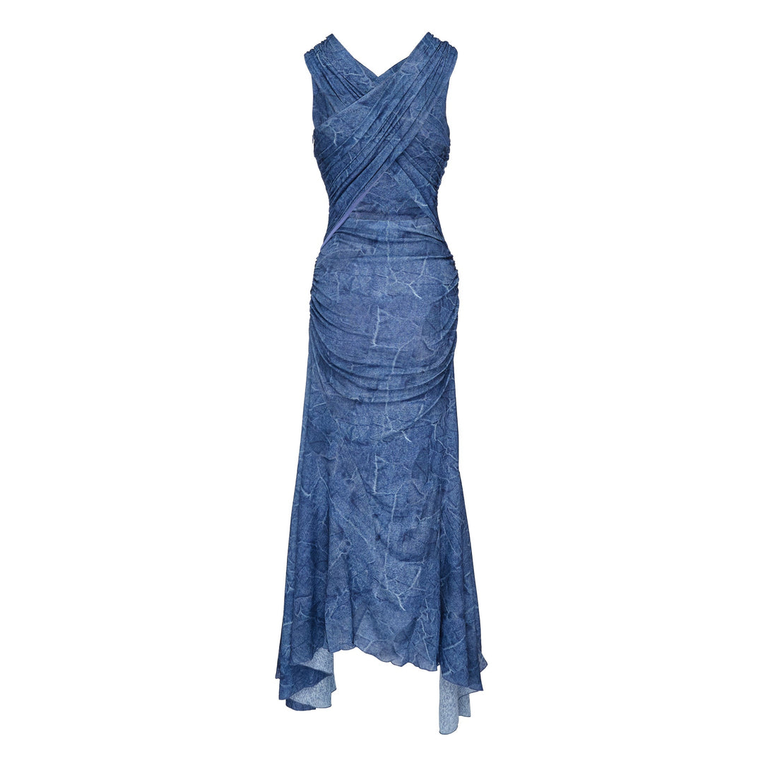 Marl Mesh Long Ruched Crossover Dress