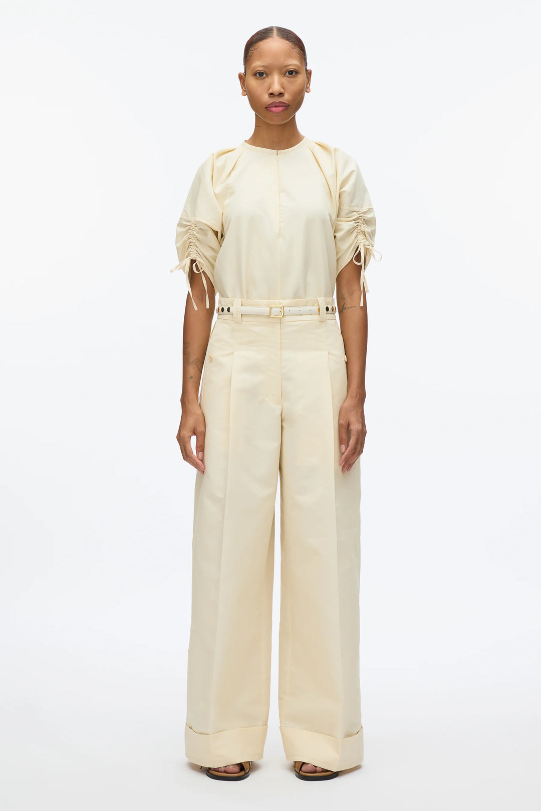 Shirred Sleeve Band Collar Top