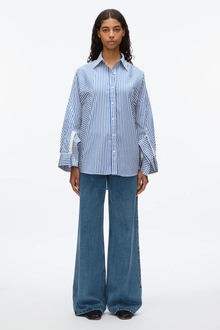 Oversized Stripe Shirt With Cascade Drape Sleeves