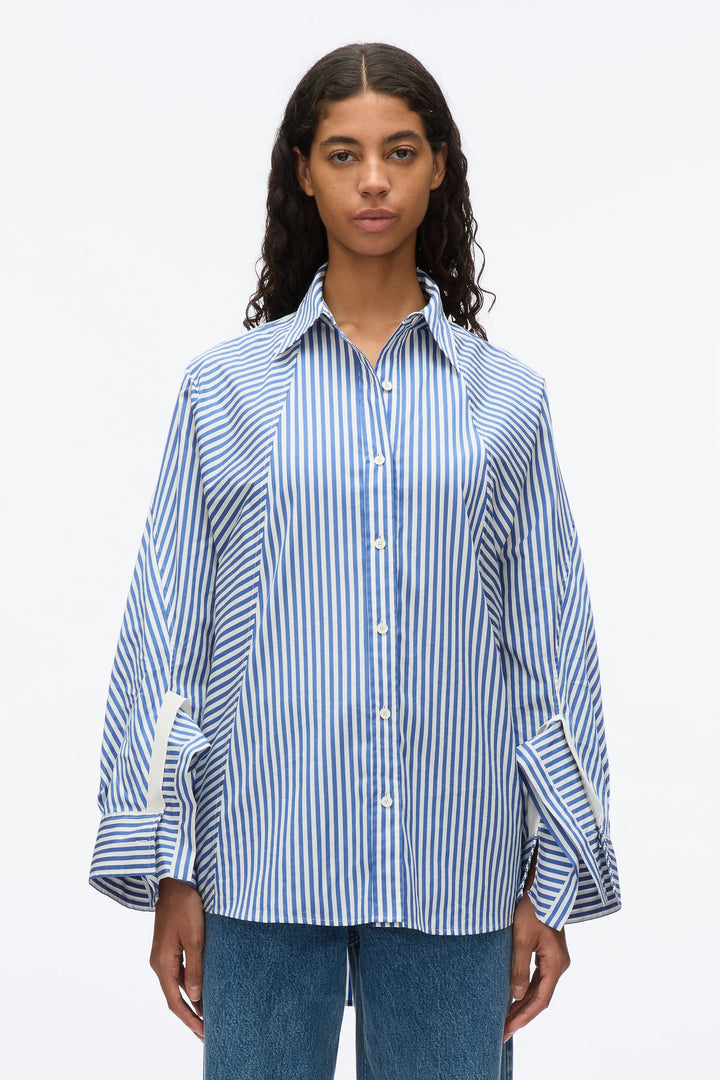 Oversized Stripe Shirt With Cascade Drape Sleeves