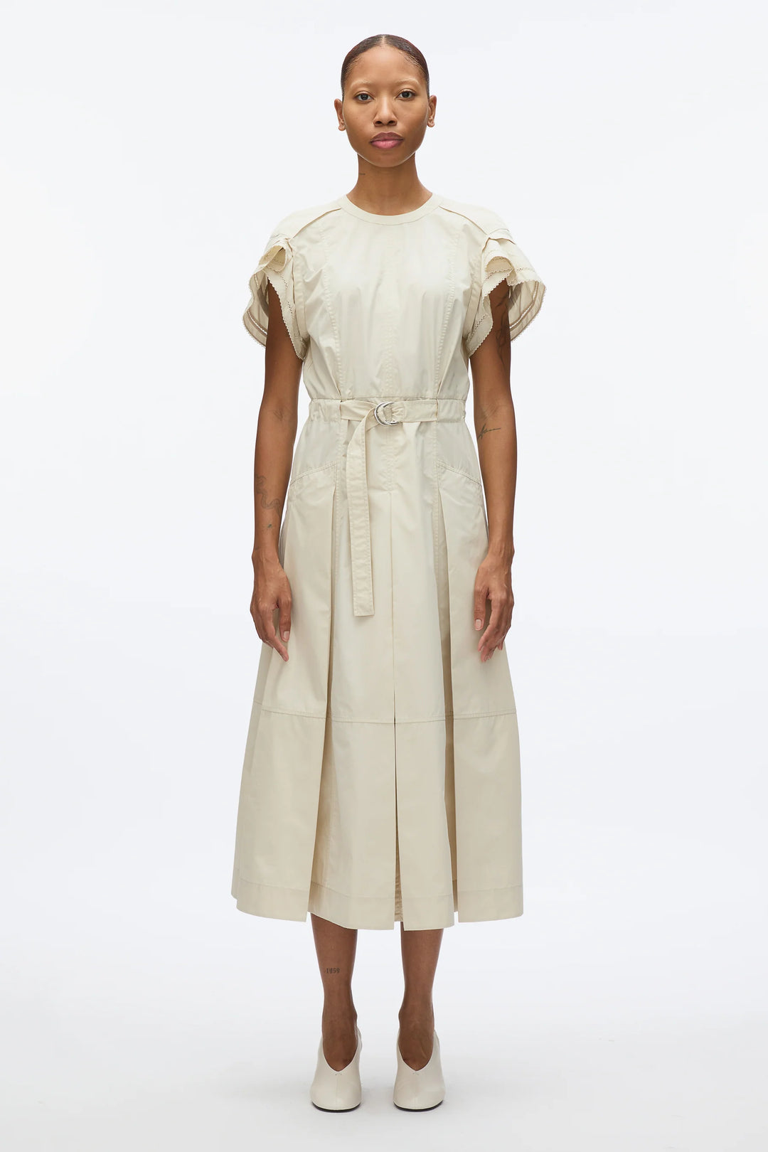 Cascade Drape Short Sleeve Belted Dress