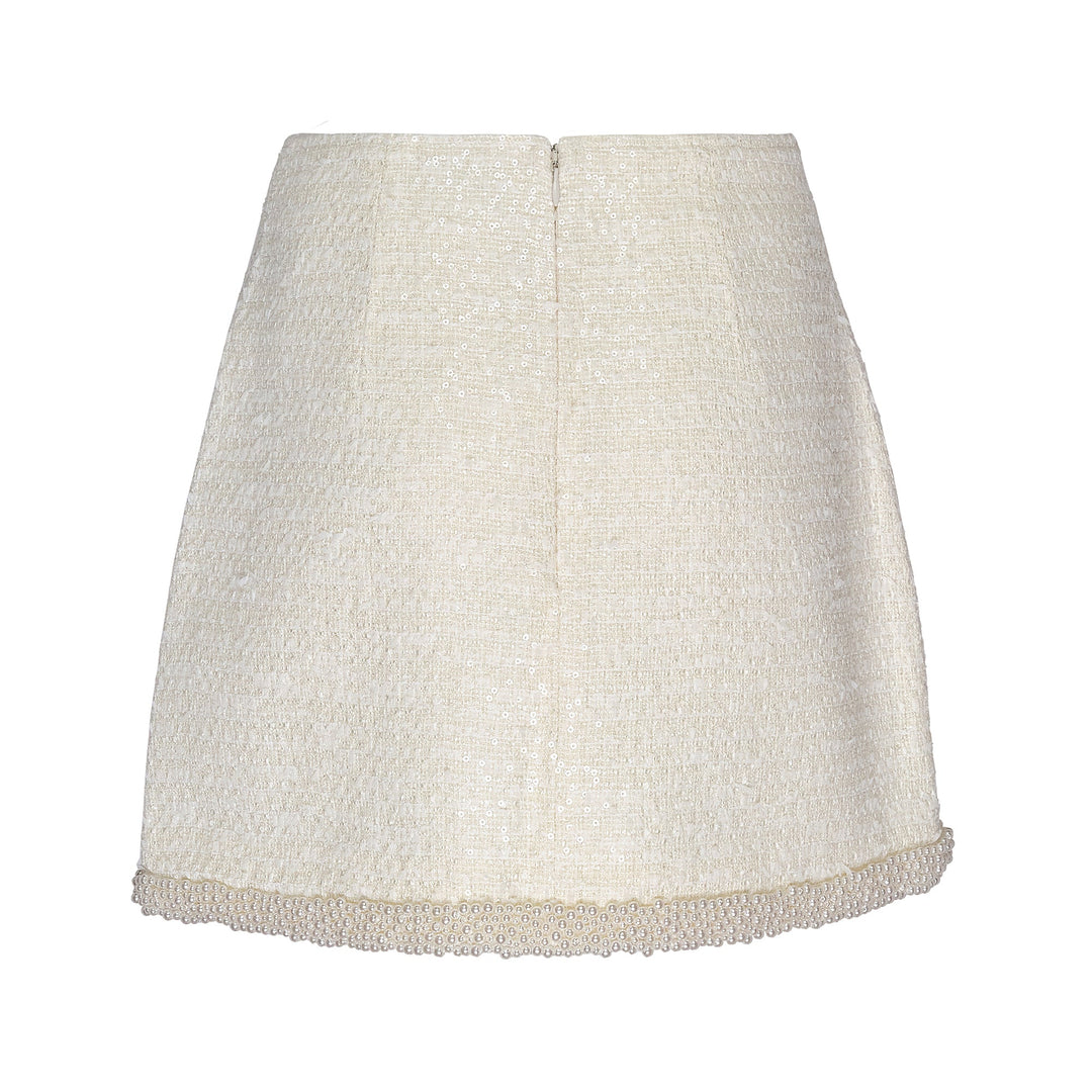 Cream Boucle Pearl Trim Mini Skirt