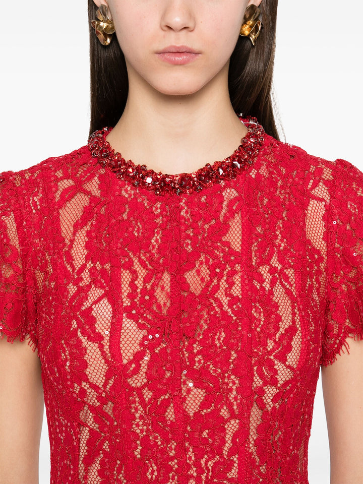 Red Sequin Lace Midi Dress