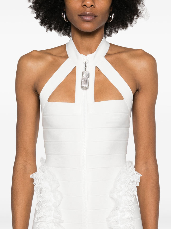 White Knit Zip Ruffle Maxi Dress