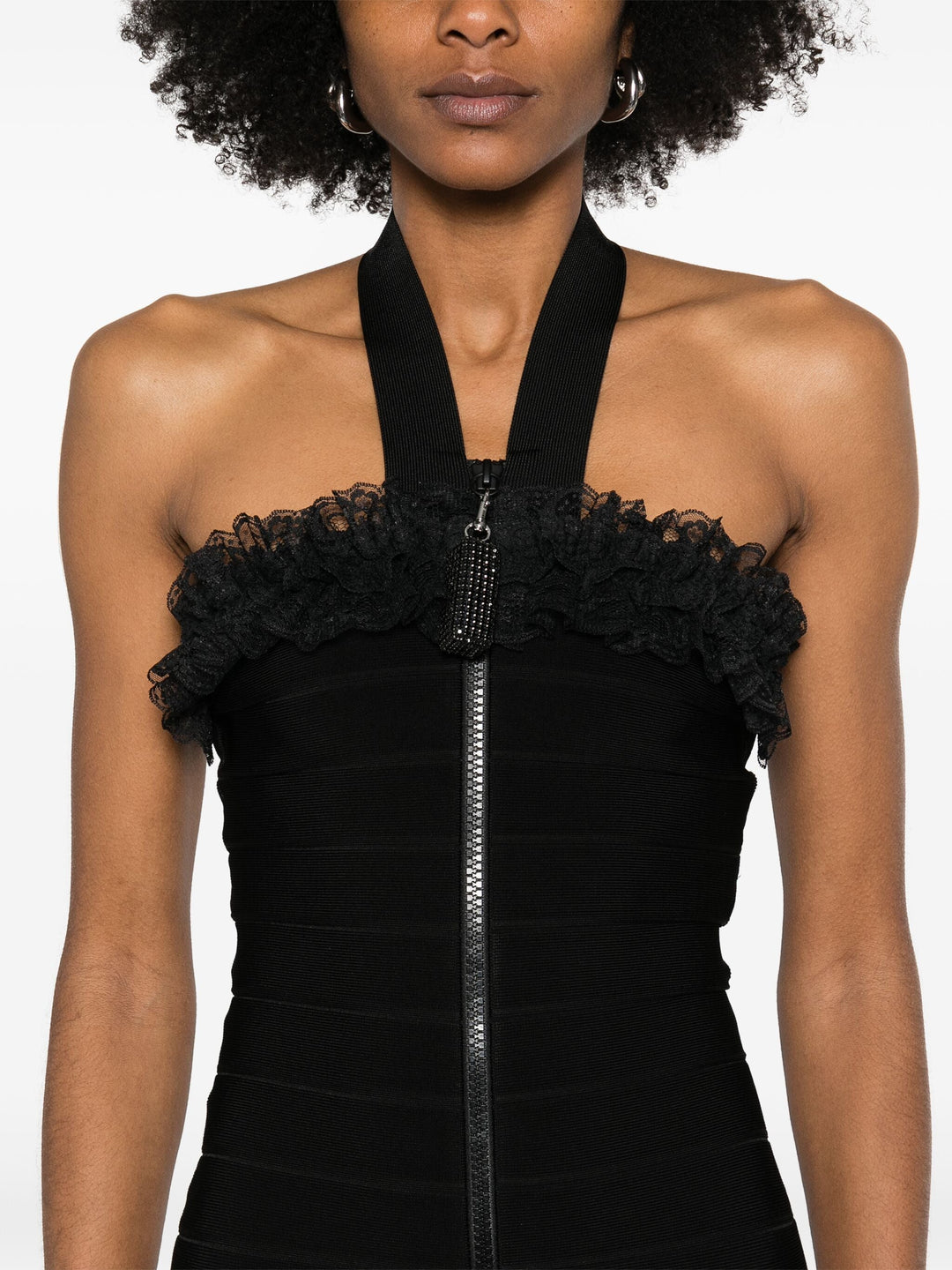 Black Knit Zip Ruffle Midi Dress