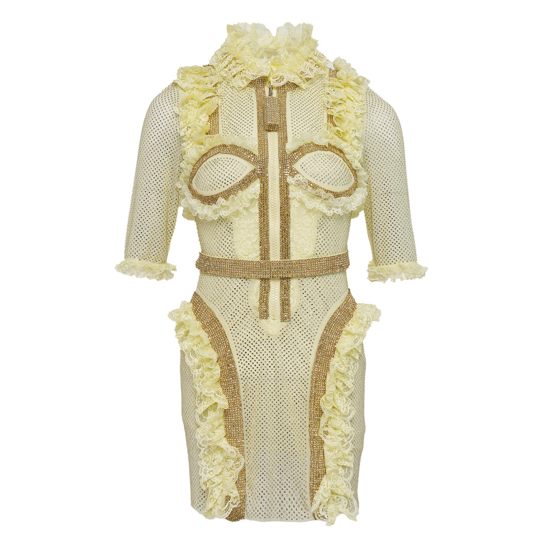 Yellow Rhinestone Mesh Ruffle Mini Dress