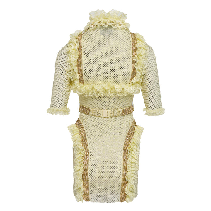 Yellow Rhinestone Mesh Ruffle Mini Dress