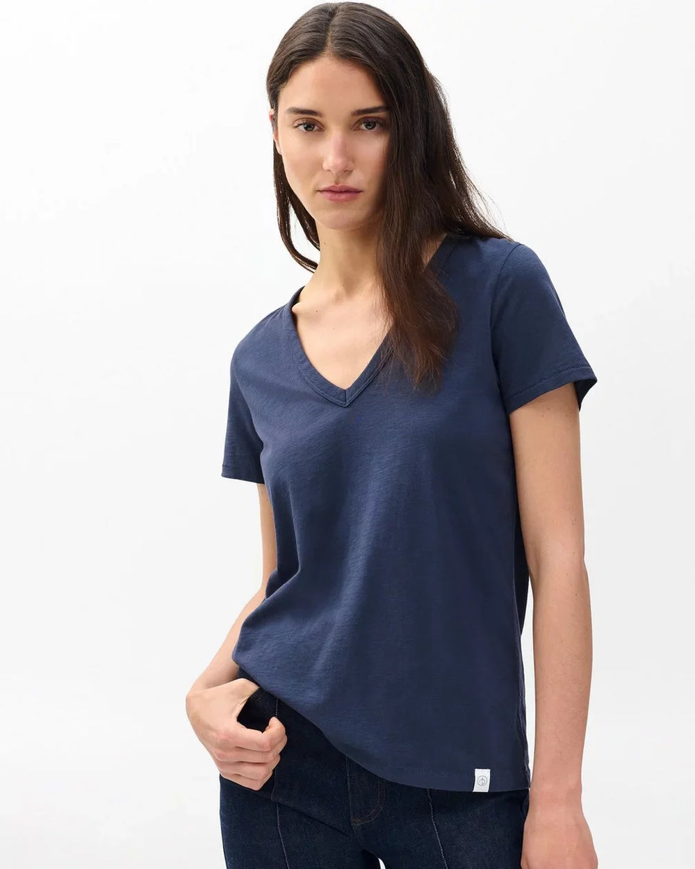 rag & bone Slub Tee in navy — relaxed fit V-neck short sleeve cotton t-shirt, flat lay product view