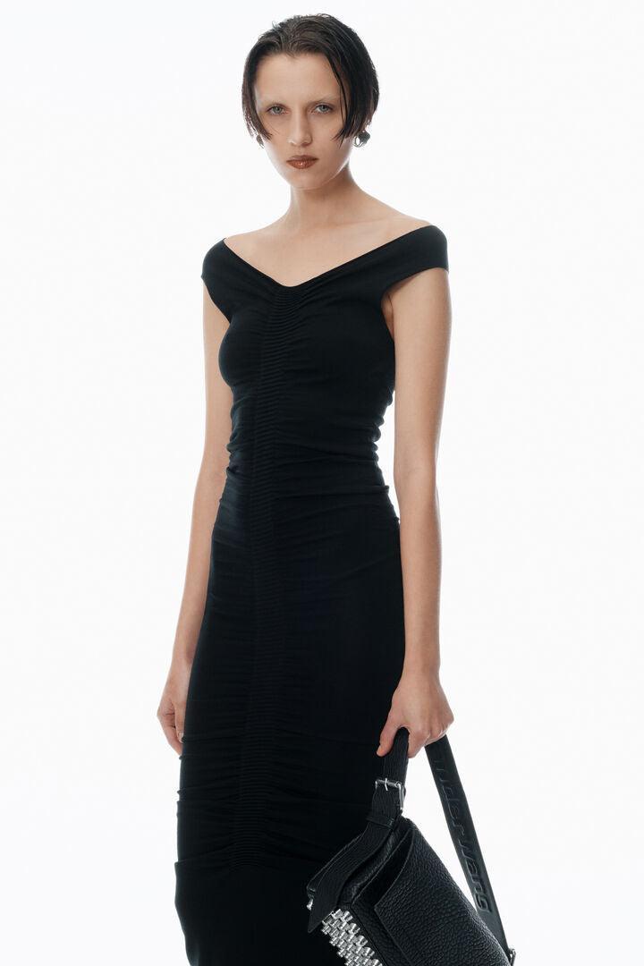 Ruched Wide V-Neck Maxi Dress