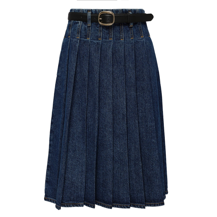 Pleated Denim Midi Skirt