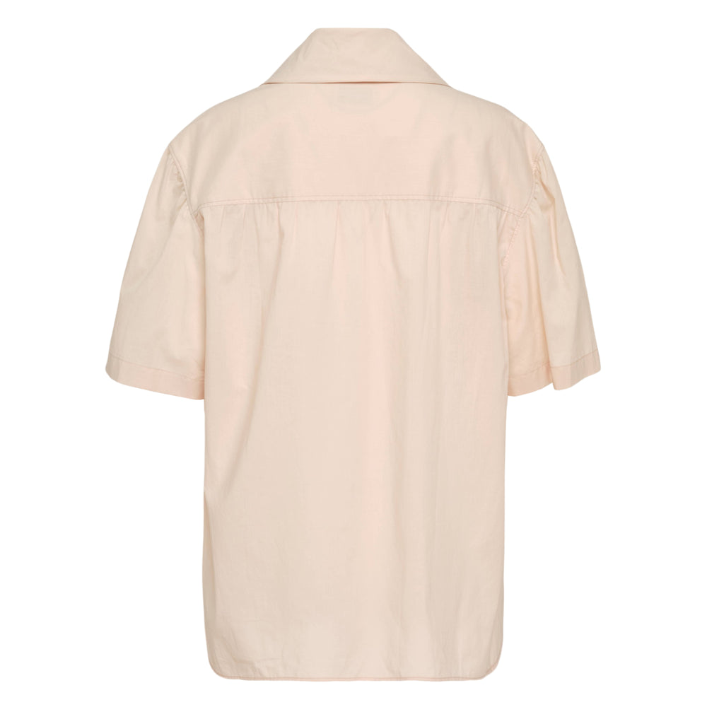 Lemaire Short Sleeve Foulard Shirt in blush pink, featuring an integrated draped scarf collar, tonal button-front closure, two patch chest pockets, and a relaxed trapeze silhouette