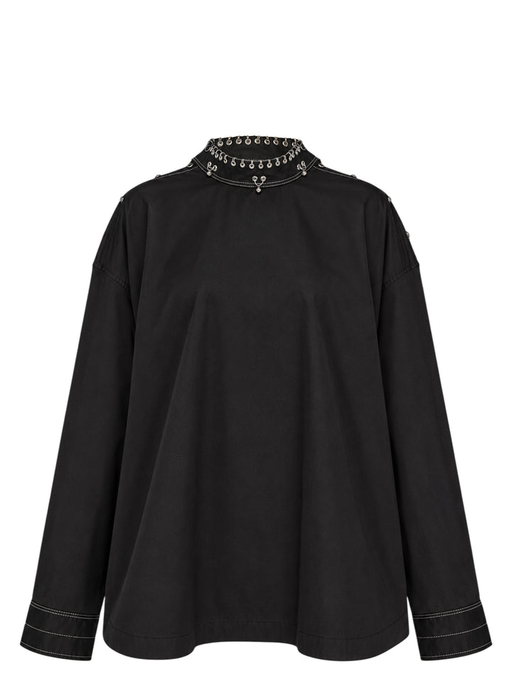 Lemaire black oversized long-sleeve blouse with a high neck embellished with metal rings and contrast white topstitching