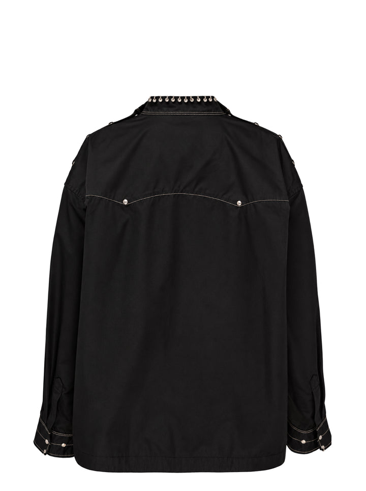 Lemaire black oversized long-sleeve blouse with a high neck embellished with metal rings and contrast white topstitching - view 2