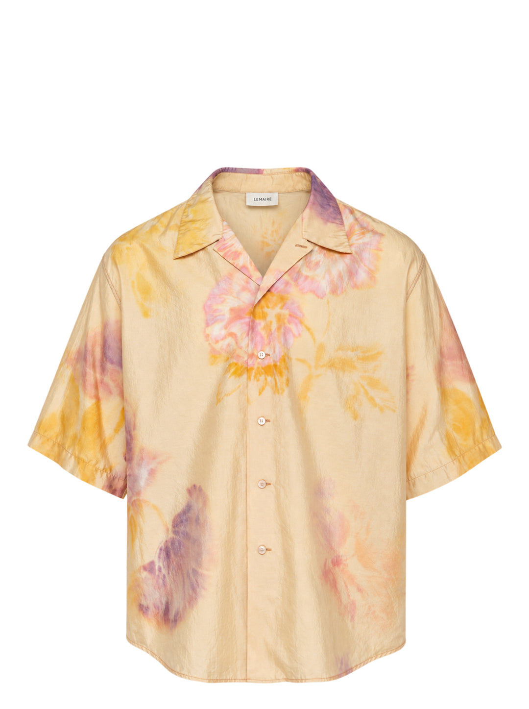 Lemaire short sleeve summer shirt in silk with a blurred watercolour floral print in yellow, pink and violet, shown with an open camp collar and button front