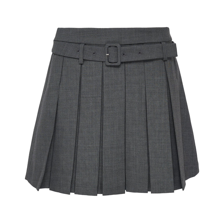 Belt-Embellished Pleated Skirt