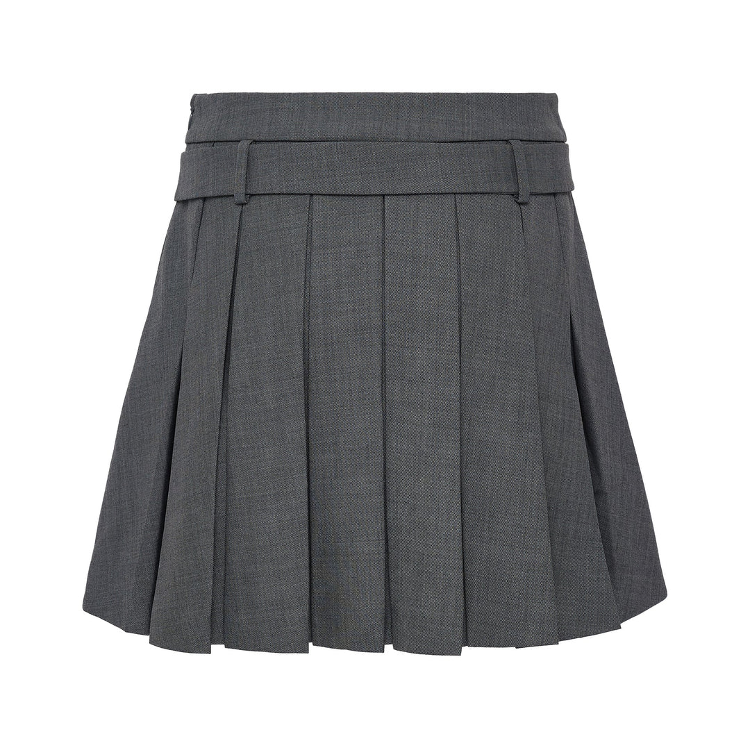 Belt-Embellished Pleated Skirt