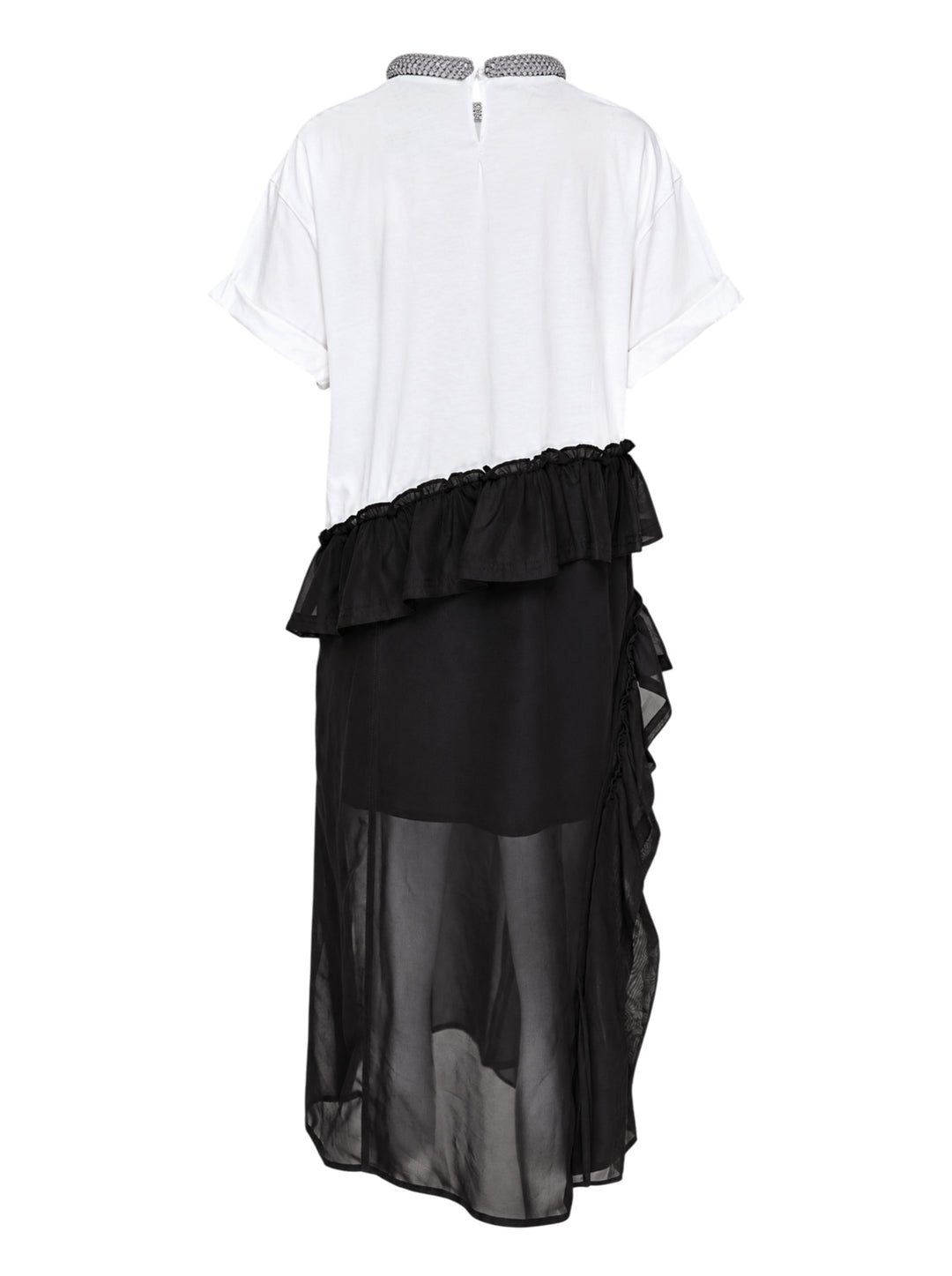 White oversized cotton tee dress with 'Enjoy the Moment' black lettering and a red rose graphic, crystal-embellished neckline and sheer black chiffon ruffle layers - view 2