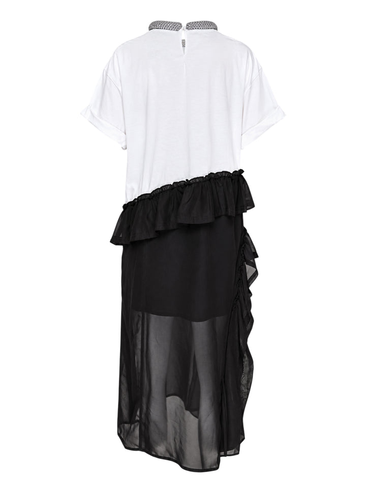 White oversized cotton tee dress with 'Enjoy the Moment' black lettering and a red rose graphic, crystal-embellished neckline and sheer black chiffon ruffle layers - view 2