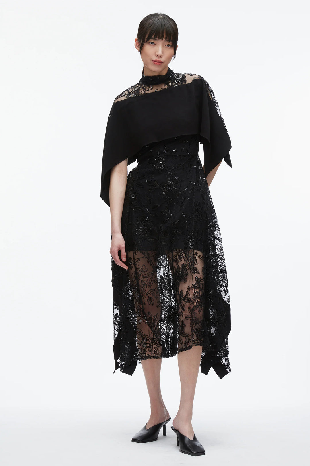Sequin Lace Mockneck Flounce Dress