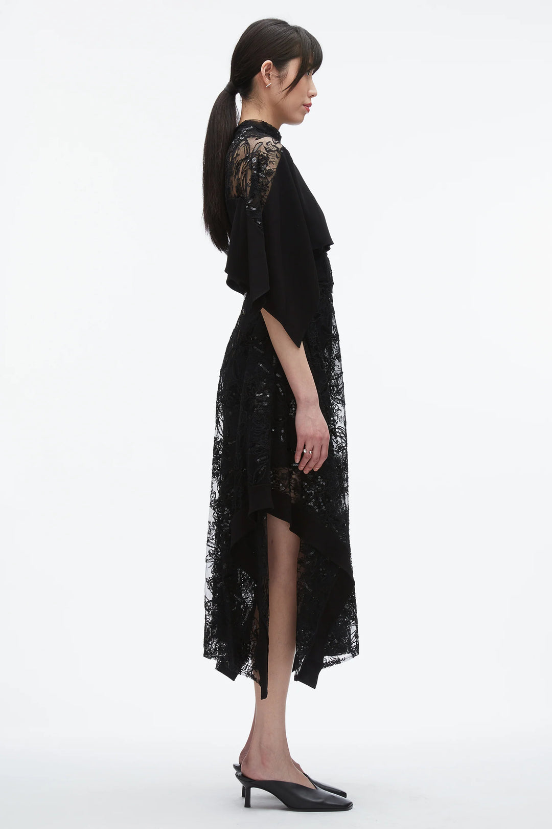 Sequin Lace Mockneck Flounce Dress