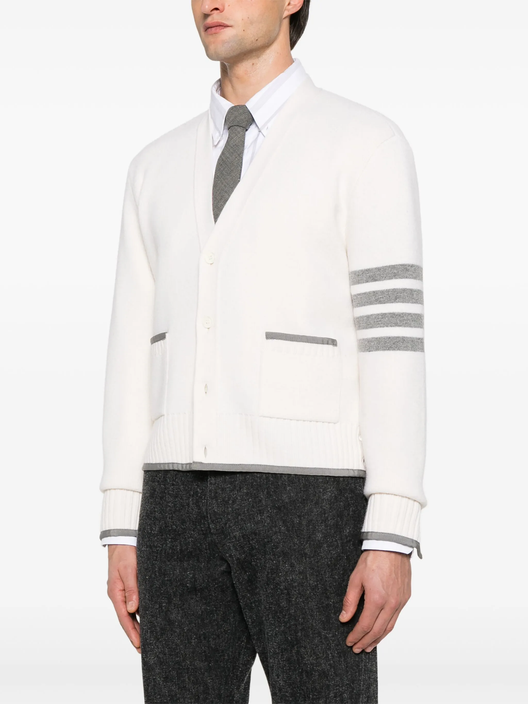 Milano Stitch Merino Wool 4-Bar V Neck Cardigan