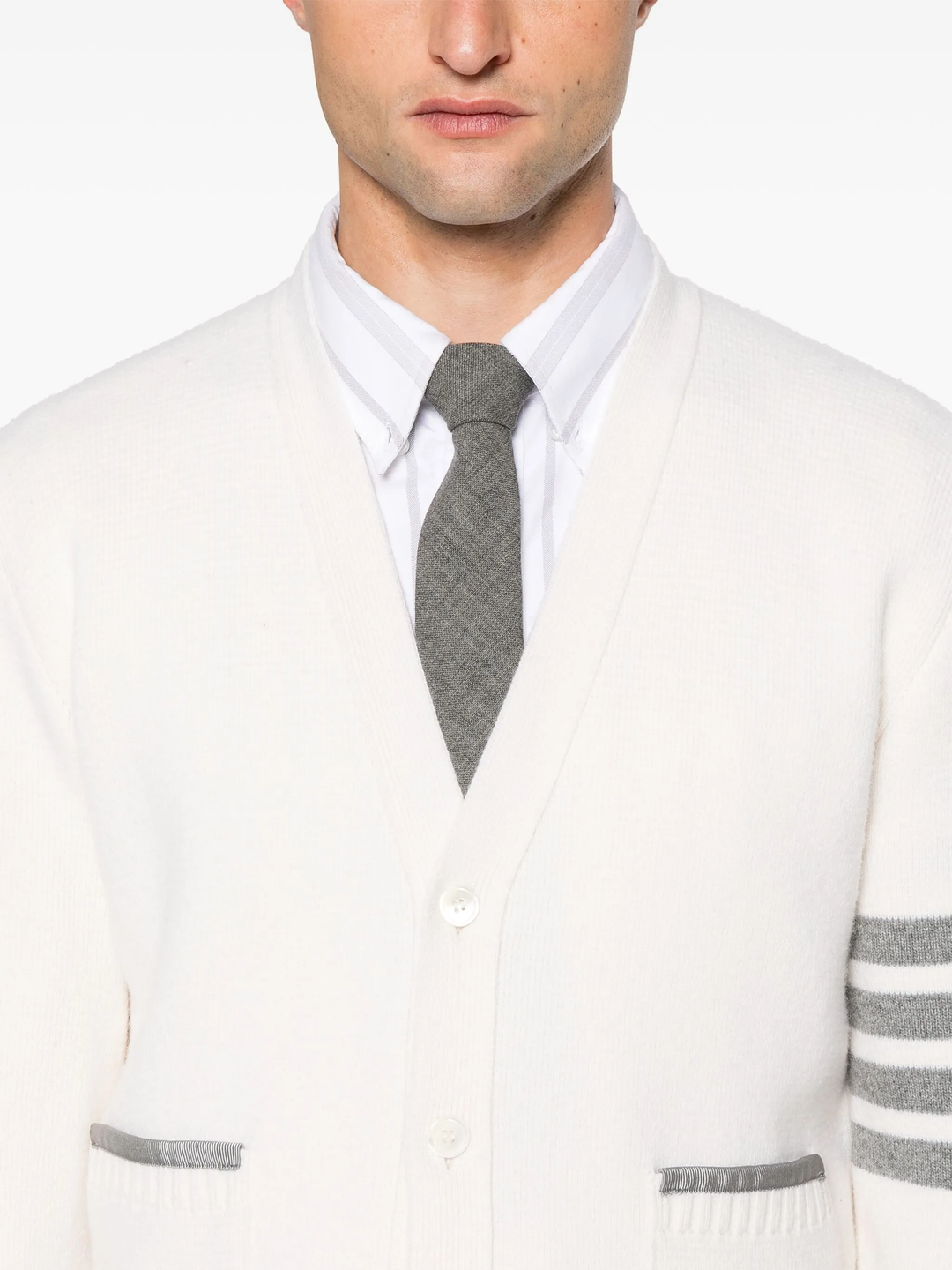 Milano Stitch Merino Wool 4-Bar V Neck Cardigan