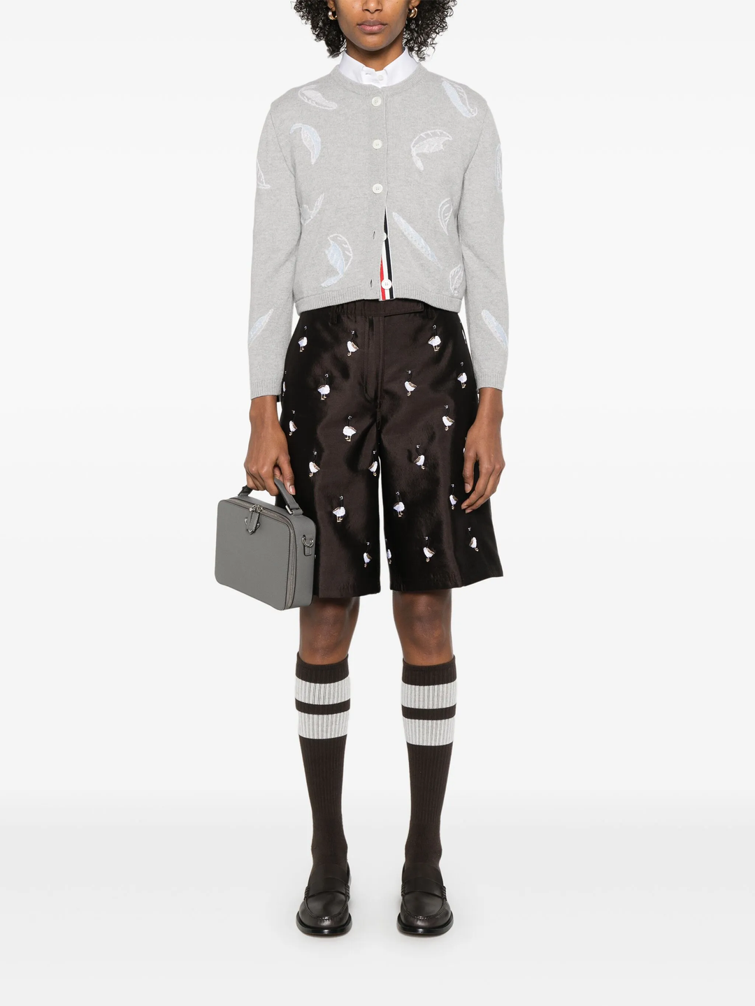 Feather Intarsia Printed Silk Twill Crew Neck Cardigan Women