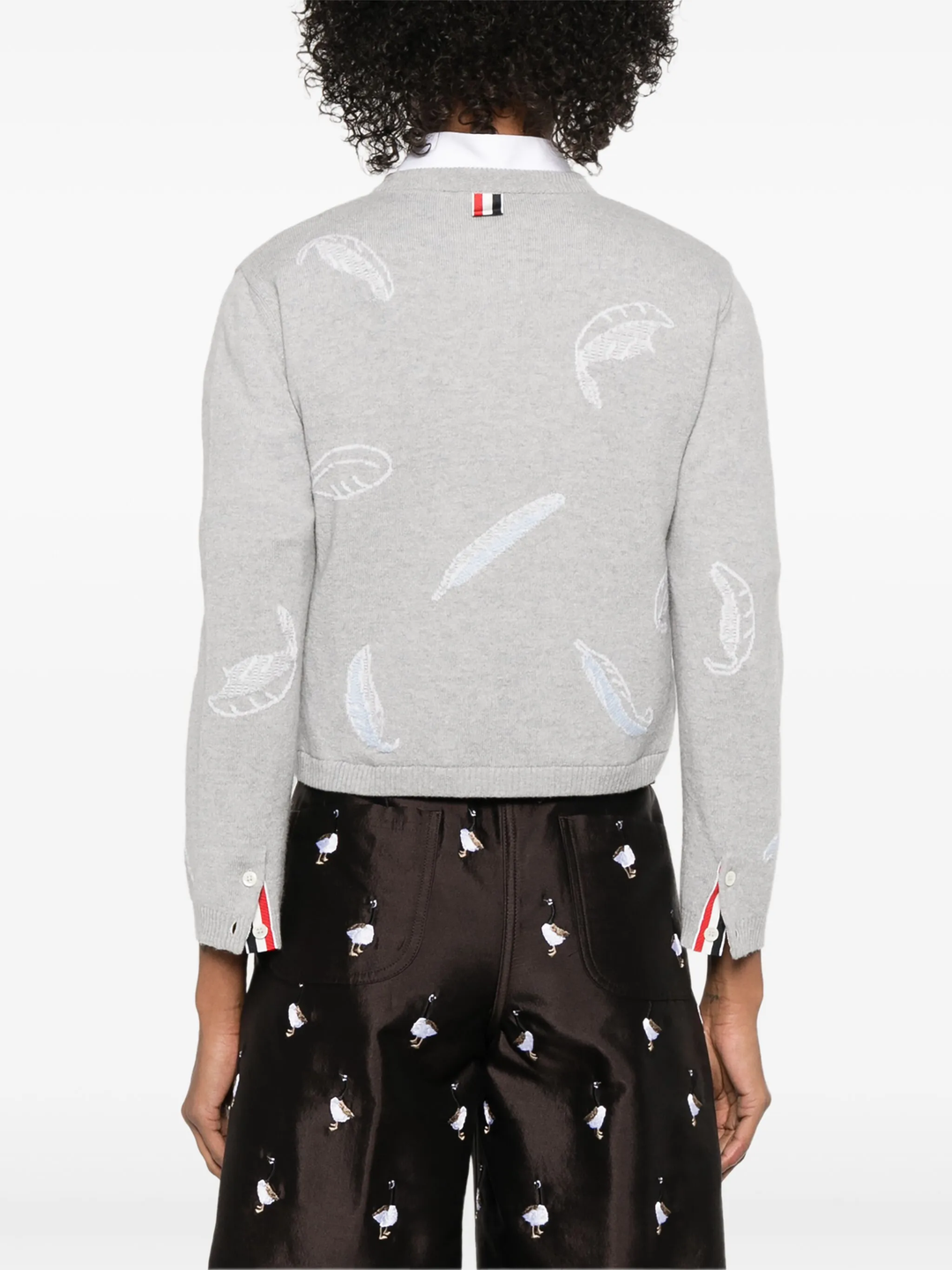 Feather Intarsia Printed Silk Twill Crew Neck Cardigan Women