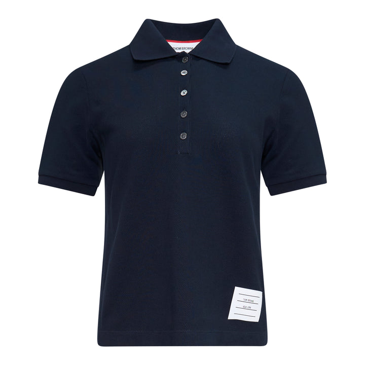 Thom Browne Short Sleeve Rib Cuff Polo in light blue piqué cotton with spread collar, four-button placket and signature stripe grosgrain tab
