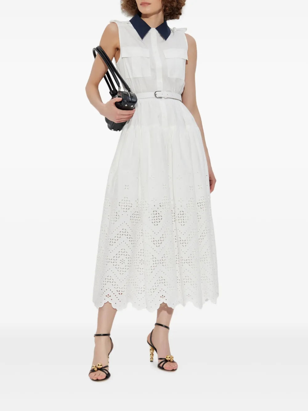 White Contrast Collar Broderie Midi Dress