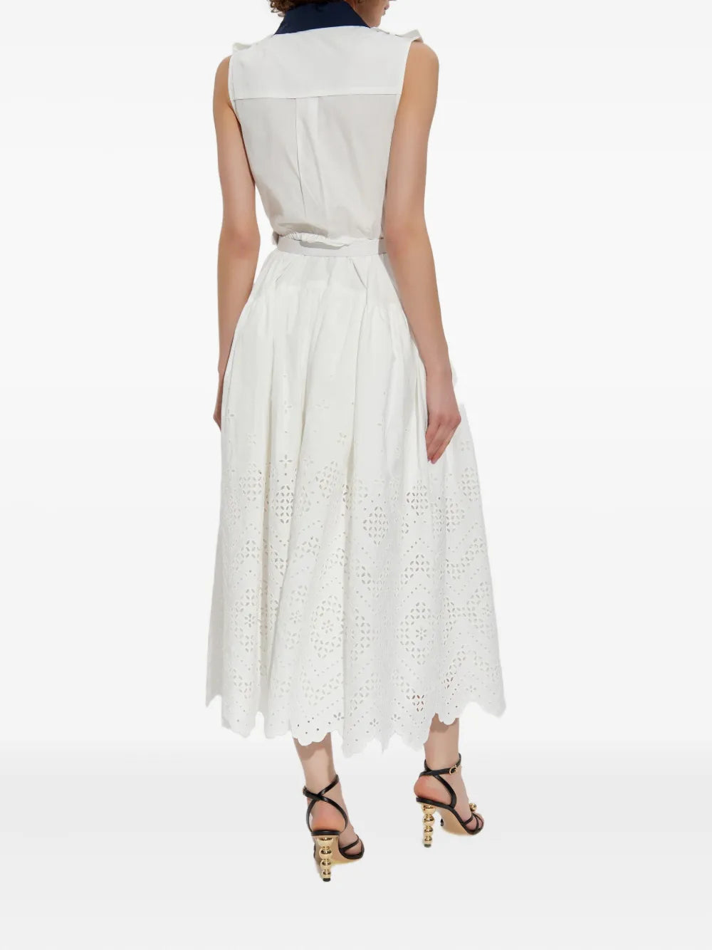 White Contrast Collar Broderie Midi Dress