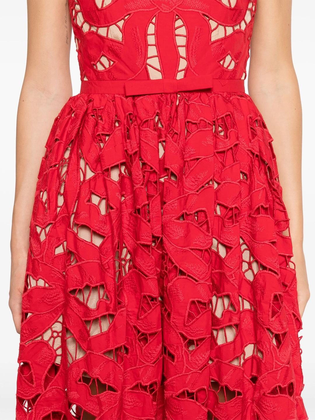 Red Bow Embroidered Midi Dress